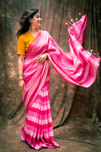 Hot Pink Pure Linen Saree with Stripes & Plain Blouse Piece