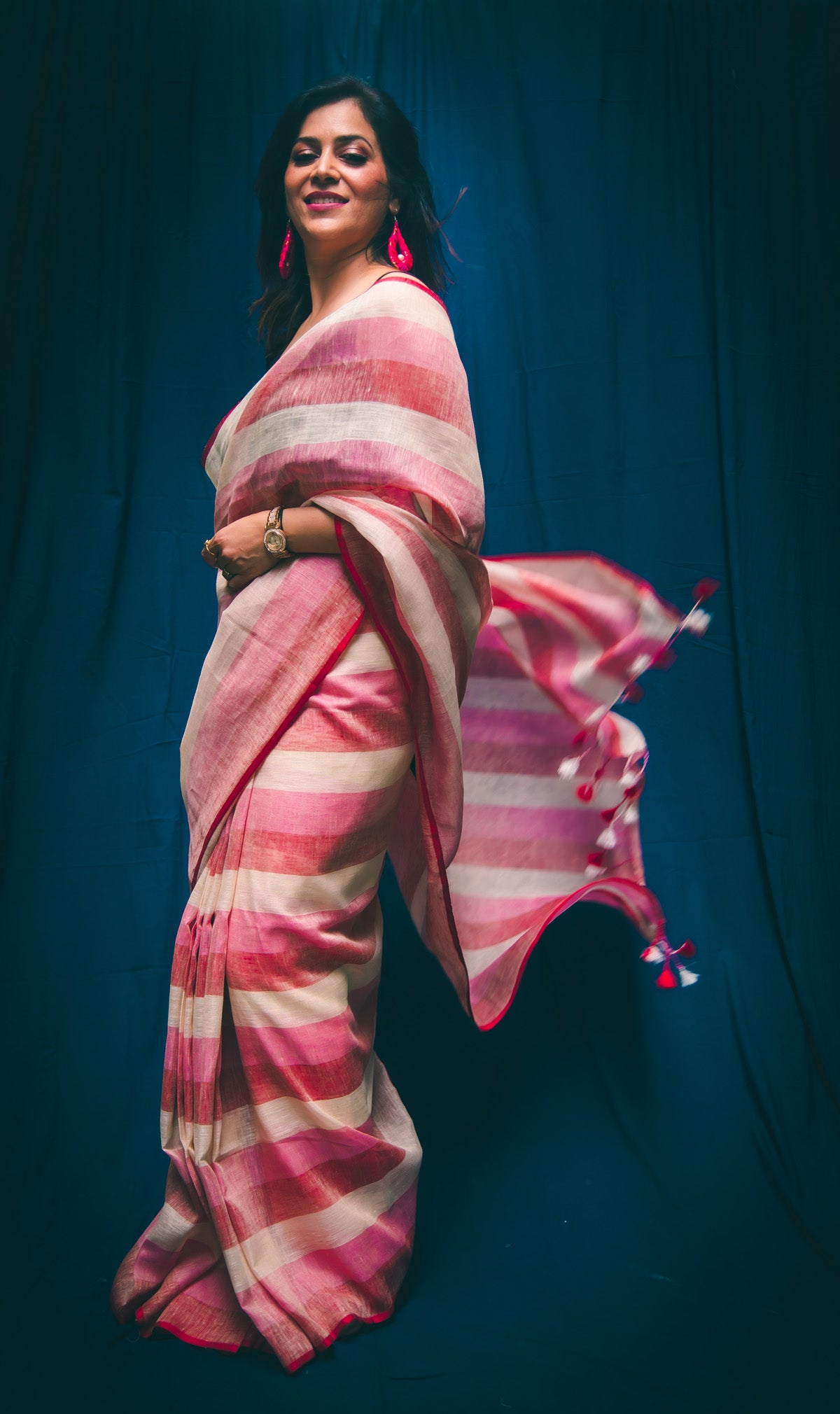 Blush Pink Pure Linen Saree with Stripes & Plain Blouse