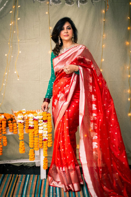 Chanderi Pattu Silk Saree, Red Saree