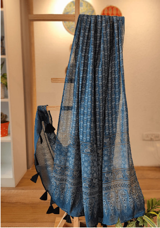 Indigo Blue Ajrakh Cotton Natural Dyed Handblock Printed Dupatta
