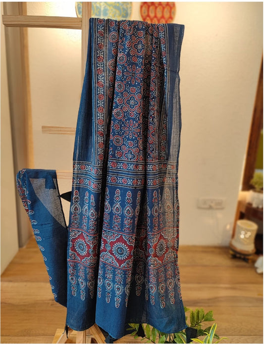 Gypsy Blue Ajrakh Cotton Natural Dyed Handblock Printed Dupatta