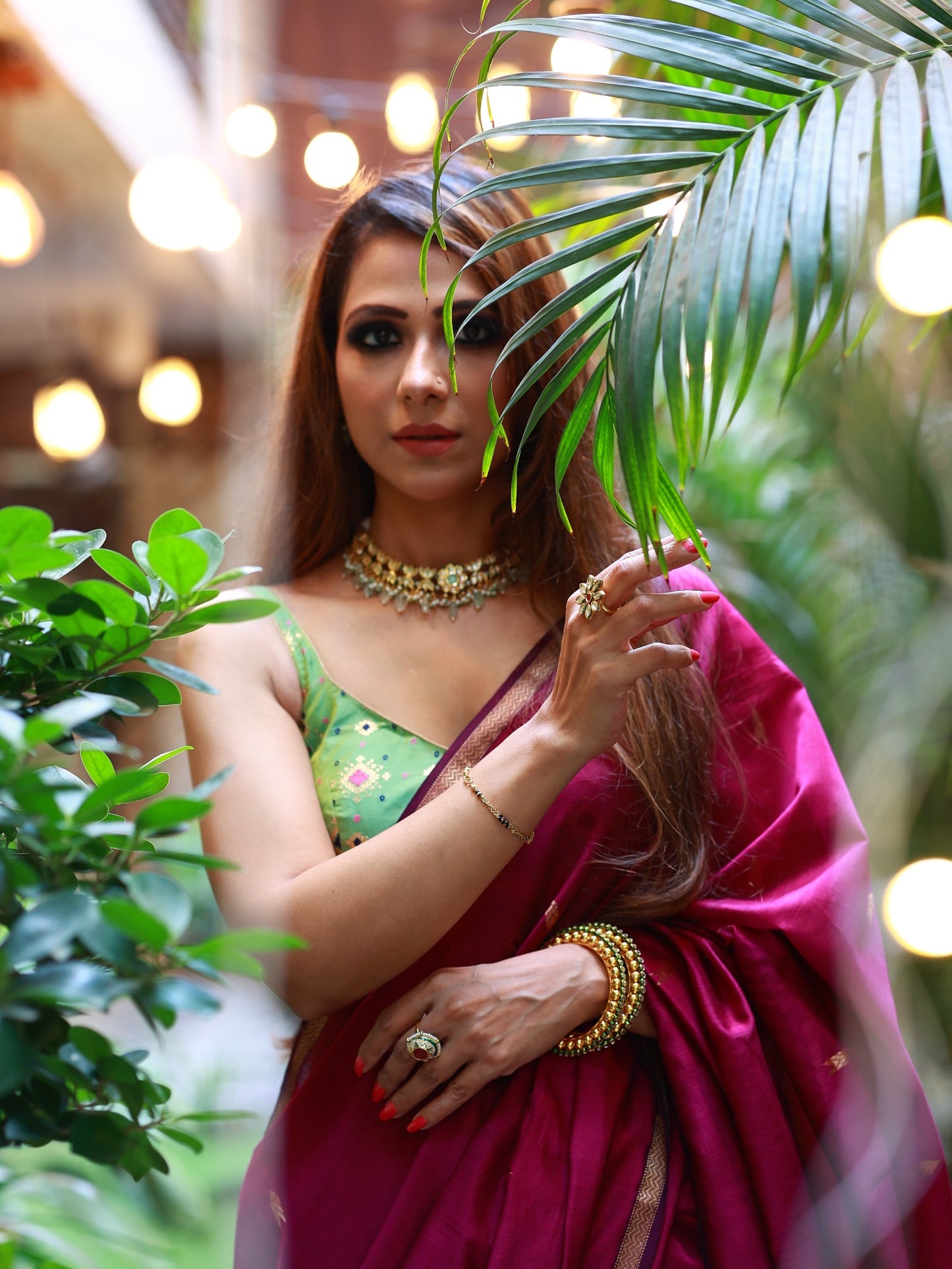 Rich Wine Maheshwari Silk Saree with Golden Details