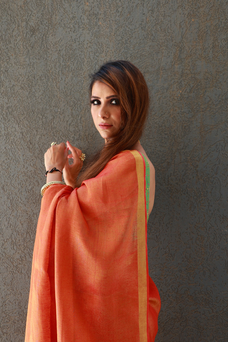 Rust Premium Tissue Linen saree