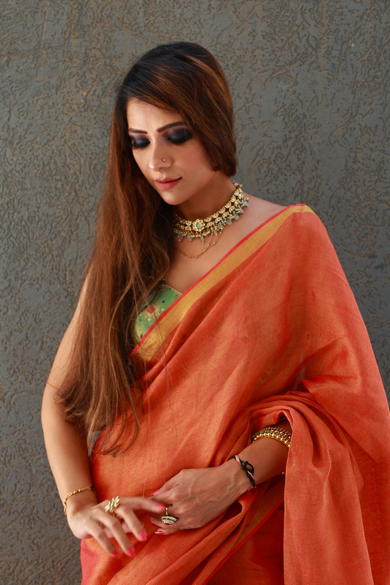 Rust Premium Tissue Linen saree
