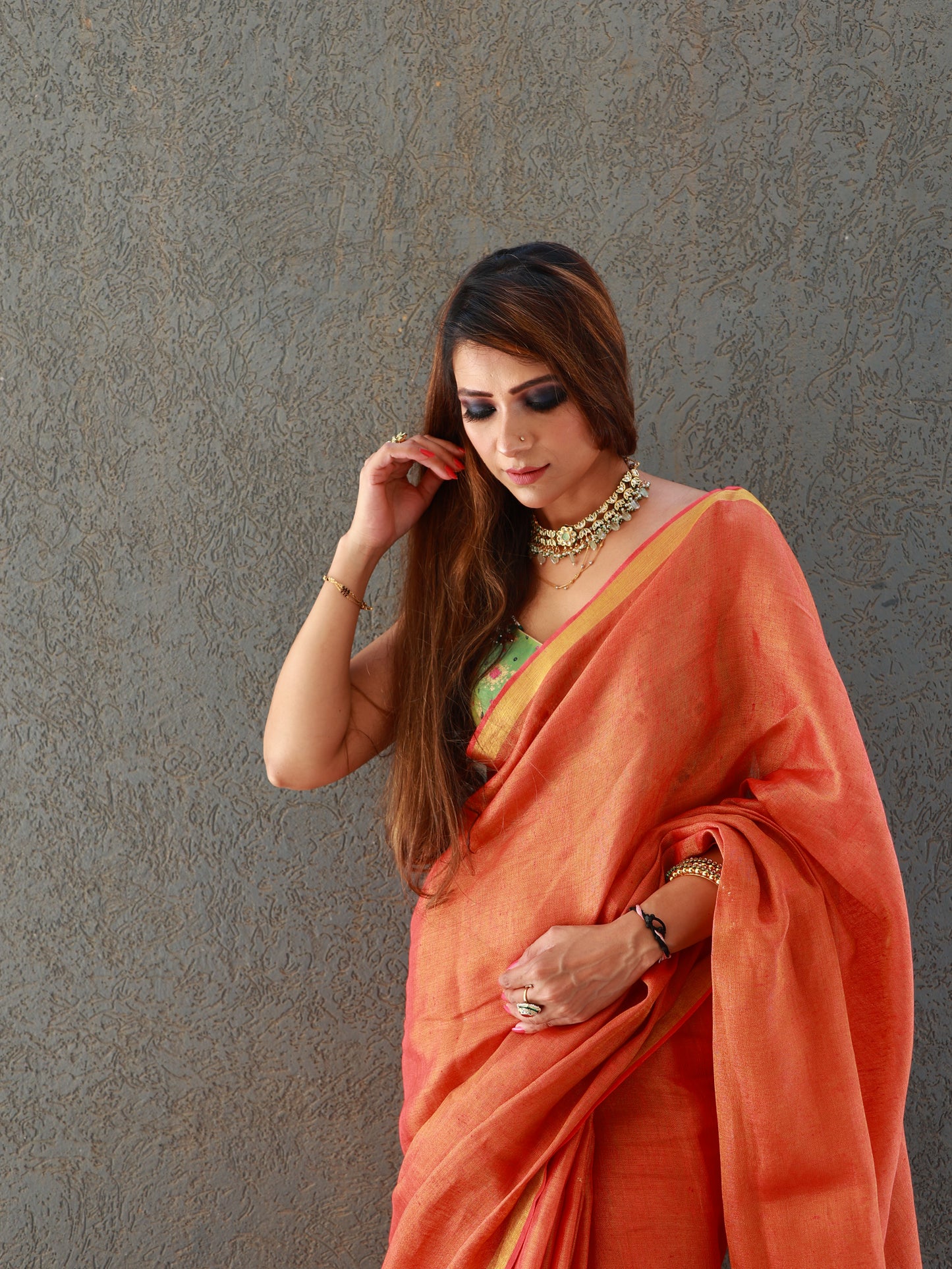 Rust Premium Tissue Linen saree