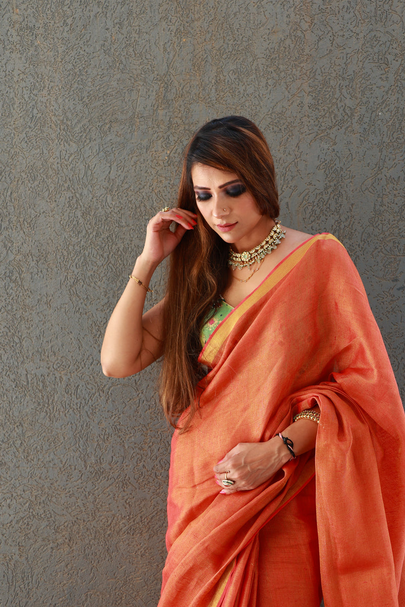 Rust Premium Tissue Linen saree