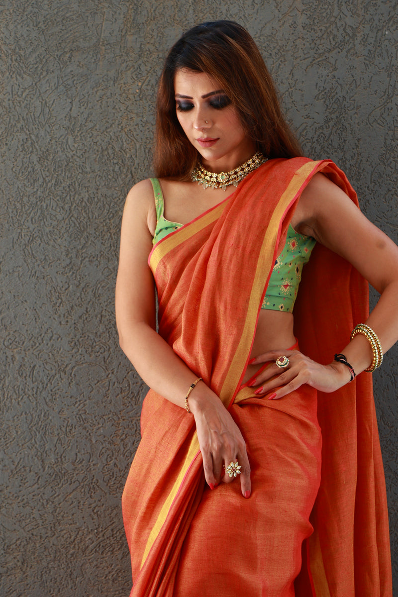 Rust Premium Tissue Linen saree