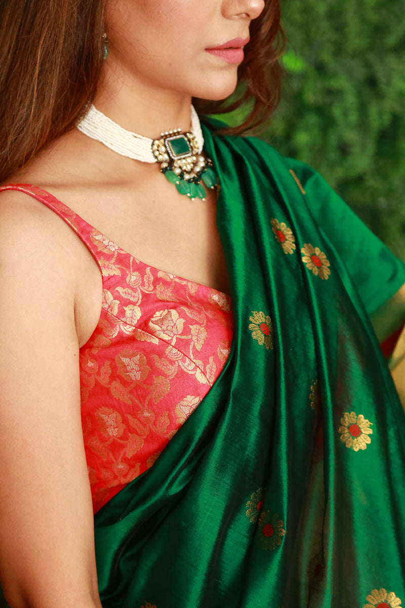 Forest Green Premium Pattu Silk Chanderi Saree with Minakari motifs