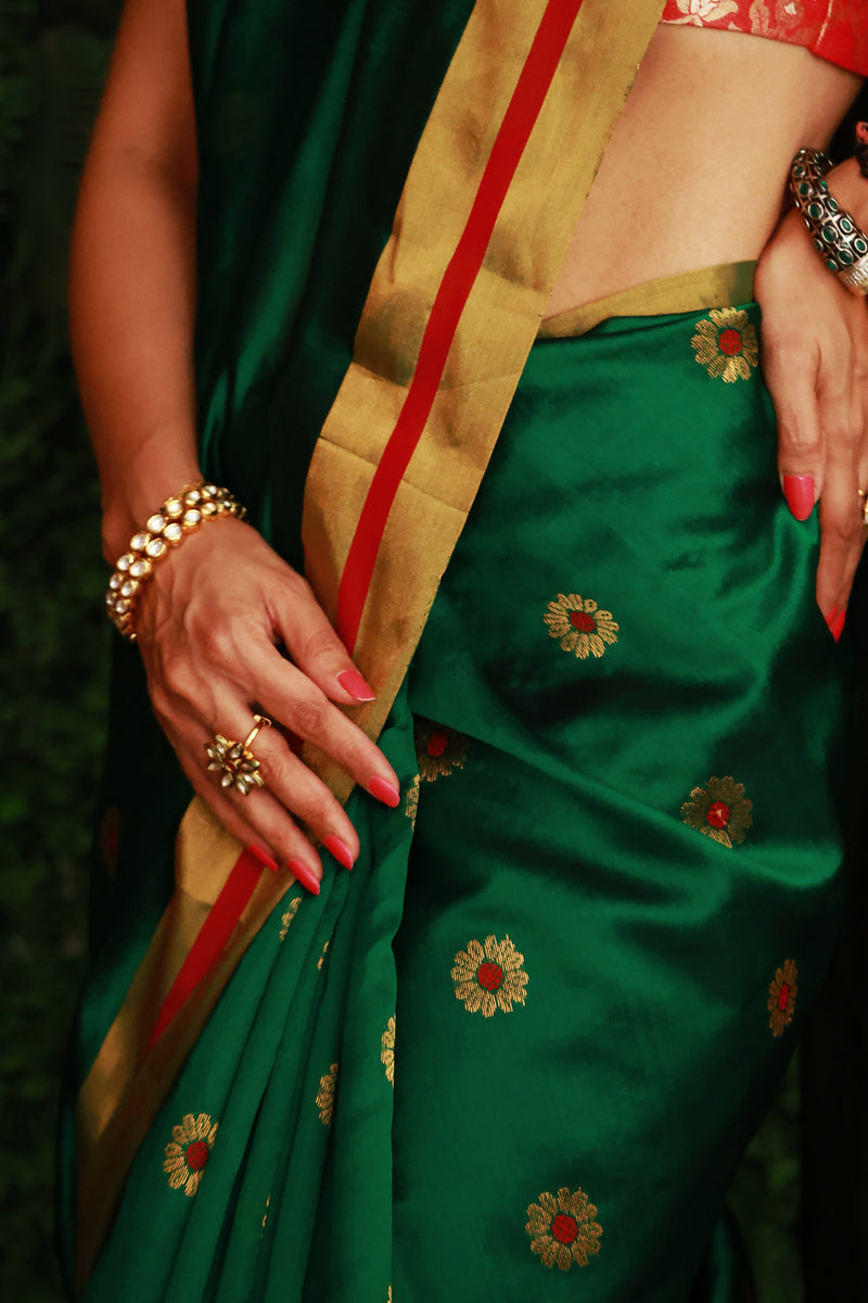 Forest Green Premium Pattu Silk Chanderi Saree with Minakari motifs