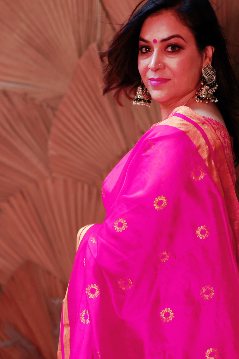 Ruby Pink Premium Pattu Silk Chanderi Saree with Minakari motifs