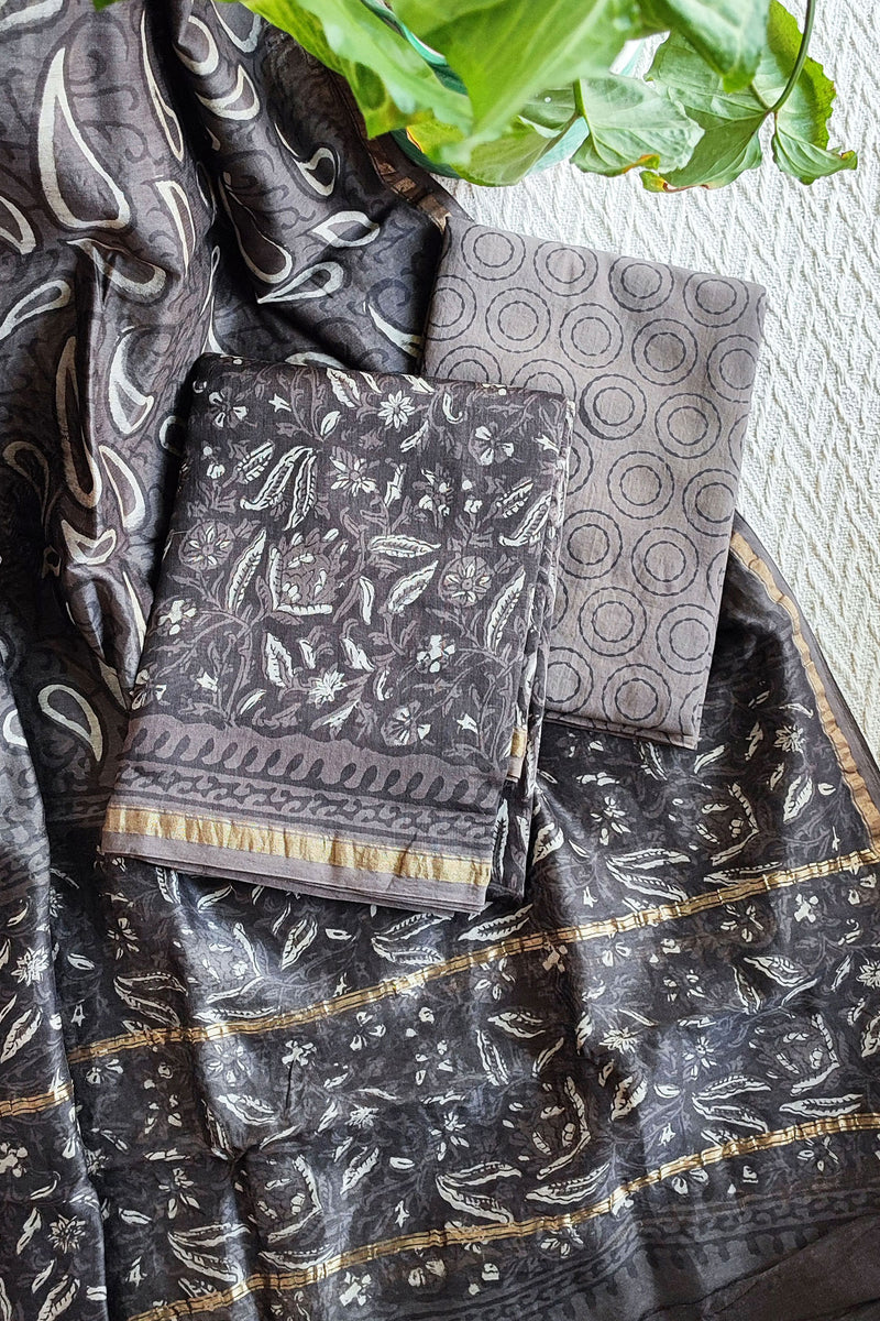 Grayish Brown Chanderi Silk Suits with Vanaspati Prints