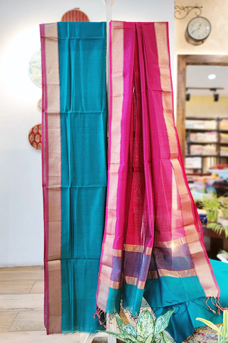 Teal Blue & Magenta Maheshwari Silk Suit Set