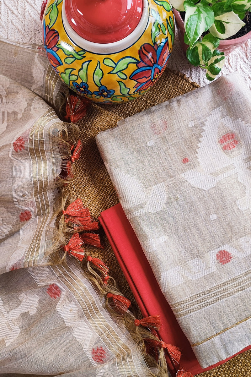Hint Of Red And Beige Chanderi Silk by Resham Woven Jamdani Suit With Red Bottom