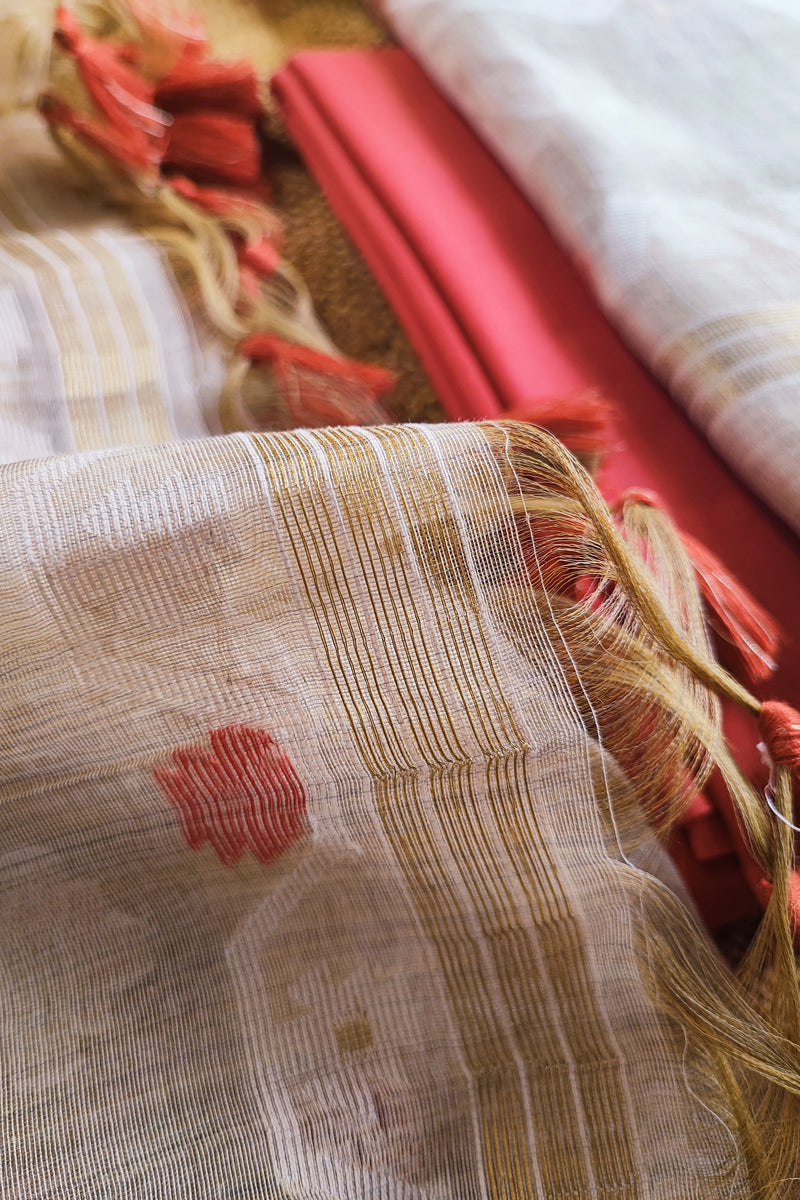 Hint Of Red And Beige Chanderi Silk by Resham Woven Jamdani Suit With Red Bottom
