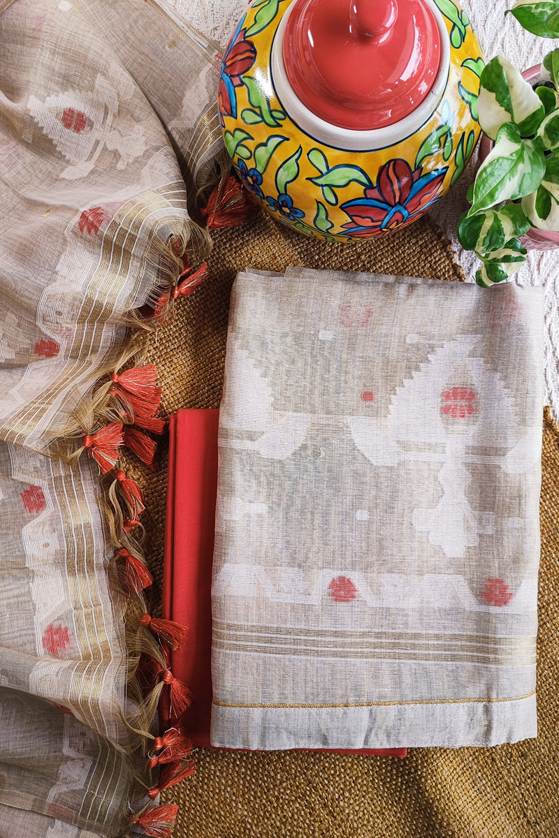 Hint Of Red And Beige Chanderi Silk by Resham Woven Jamdani Suit With Red Bottom