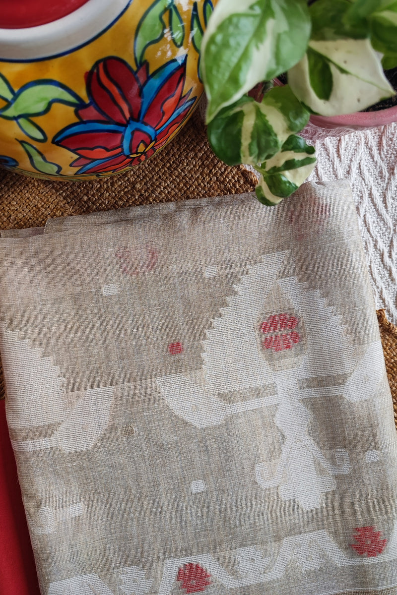 Hint Of Red And Beige Chanderi Silk by Resham Woven Jamdani Suit With Red Bottom