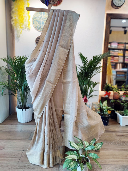 Beige Chinon Chiffon Saree With Embroidery and Zari Pallu