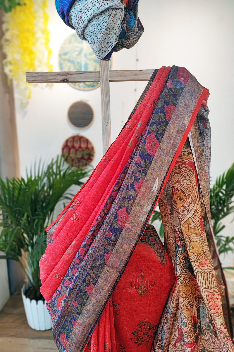 Candy Red Pure Linen Mughal Printed Saree With Tassels