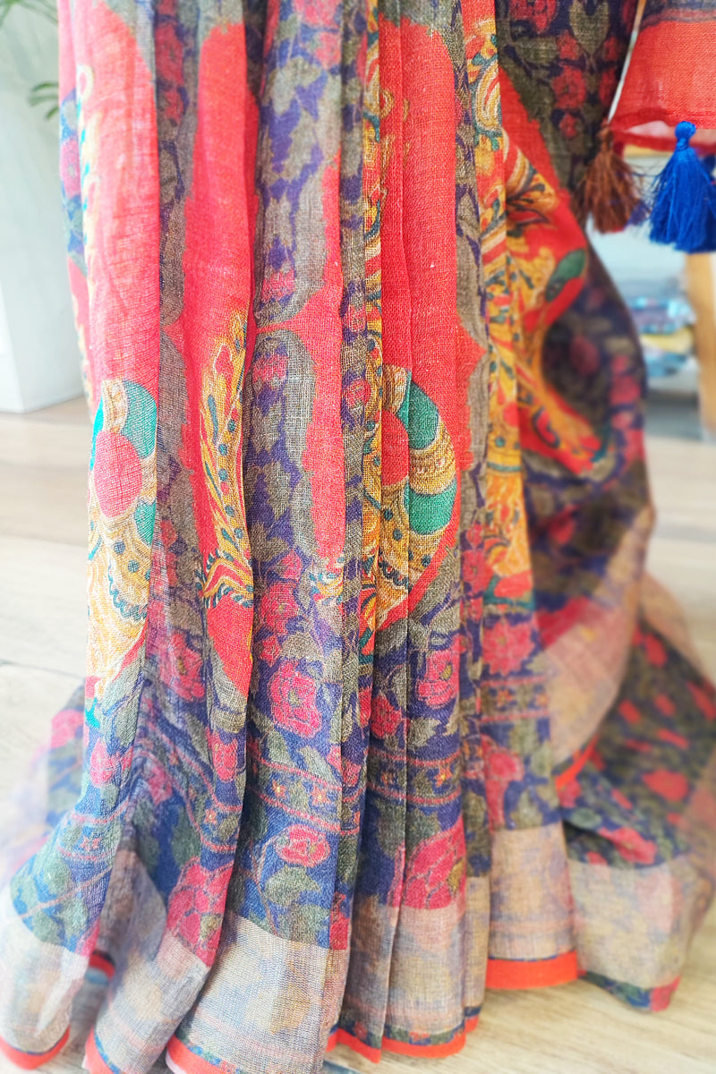Candy Red Pure Linen Mughal Printed Saree With Tassels
