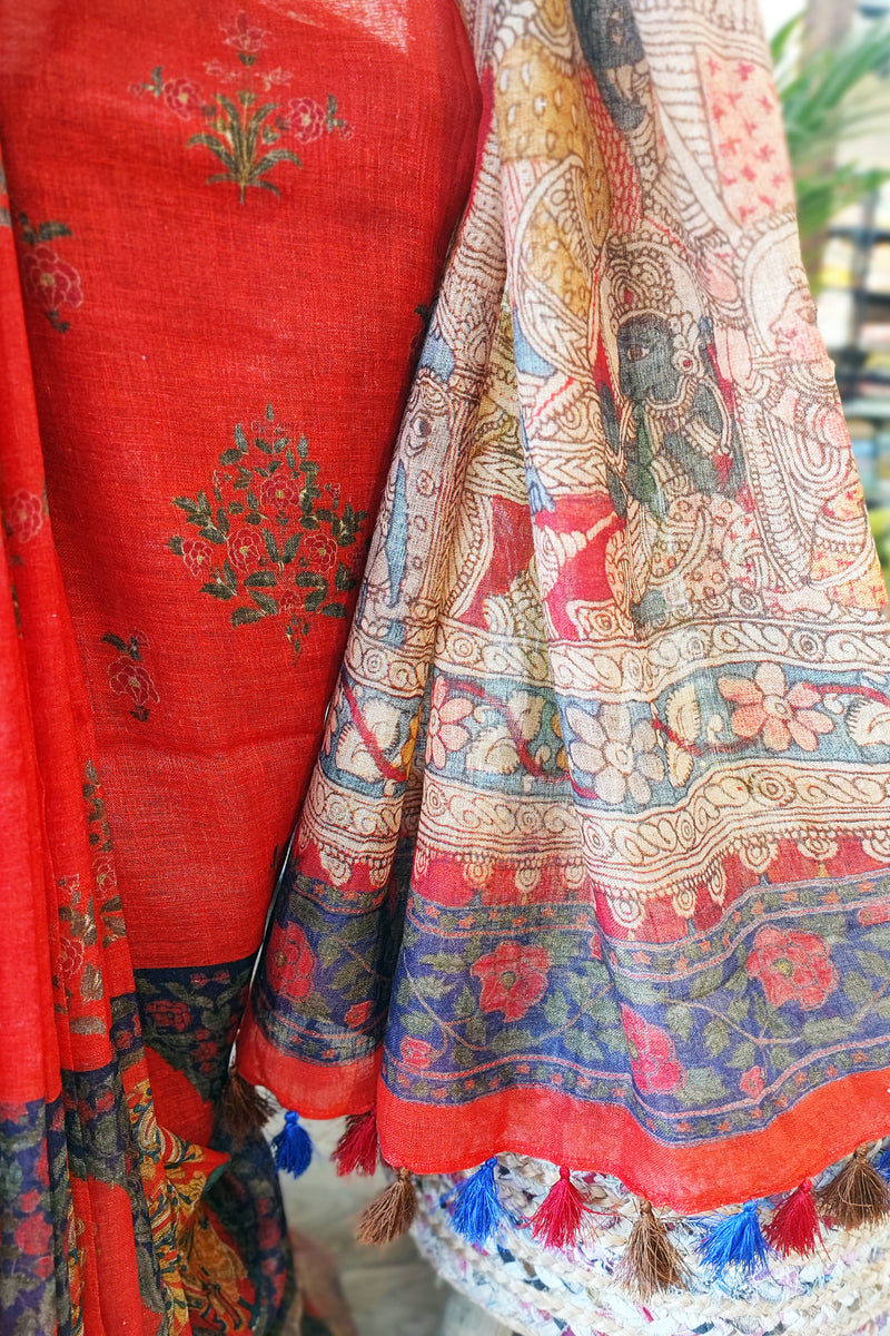 Candy Red Pure Linen Mughal Printed Saree With Tassels
