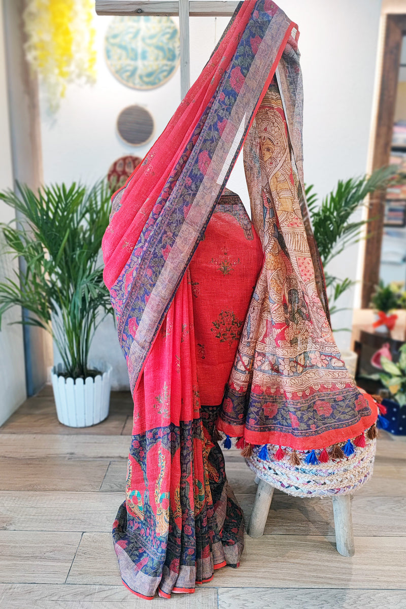 Candy Red Pure Linen Mughal Printed Saree With Tassels