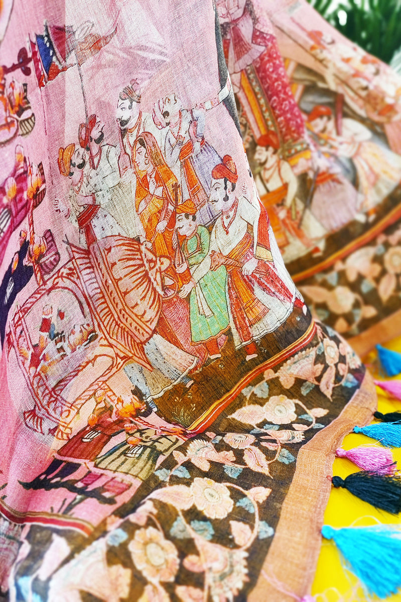 Flamingo Pink Pure Linen Mughal Printed Saree With Tassels