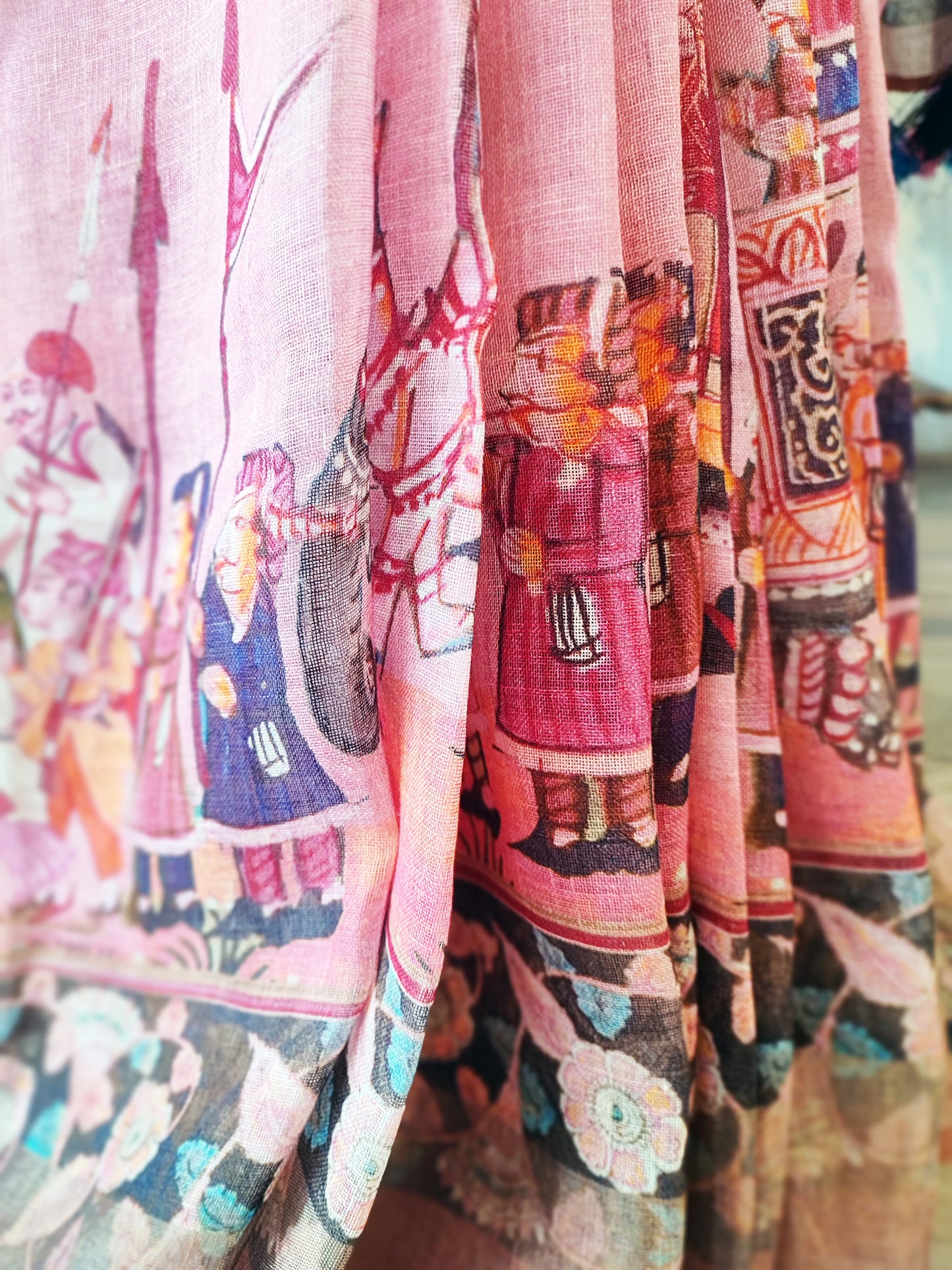 Flamingo Pink Pure Linen Mughal Printed Saree With Tassels