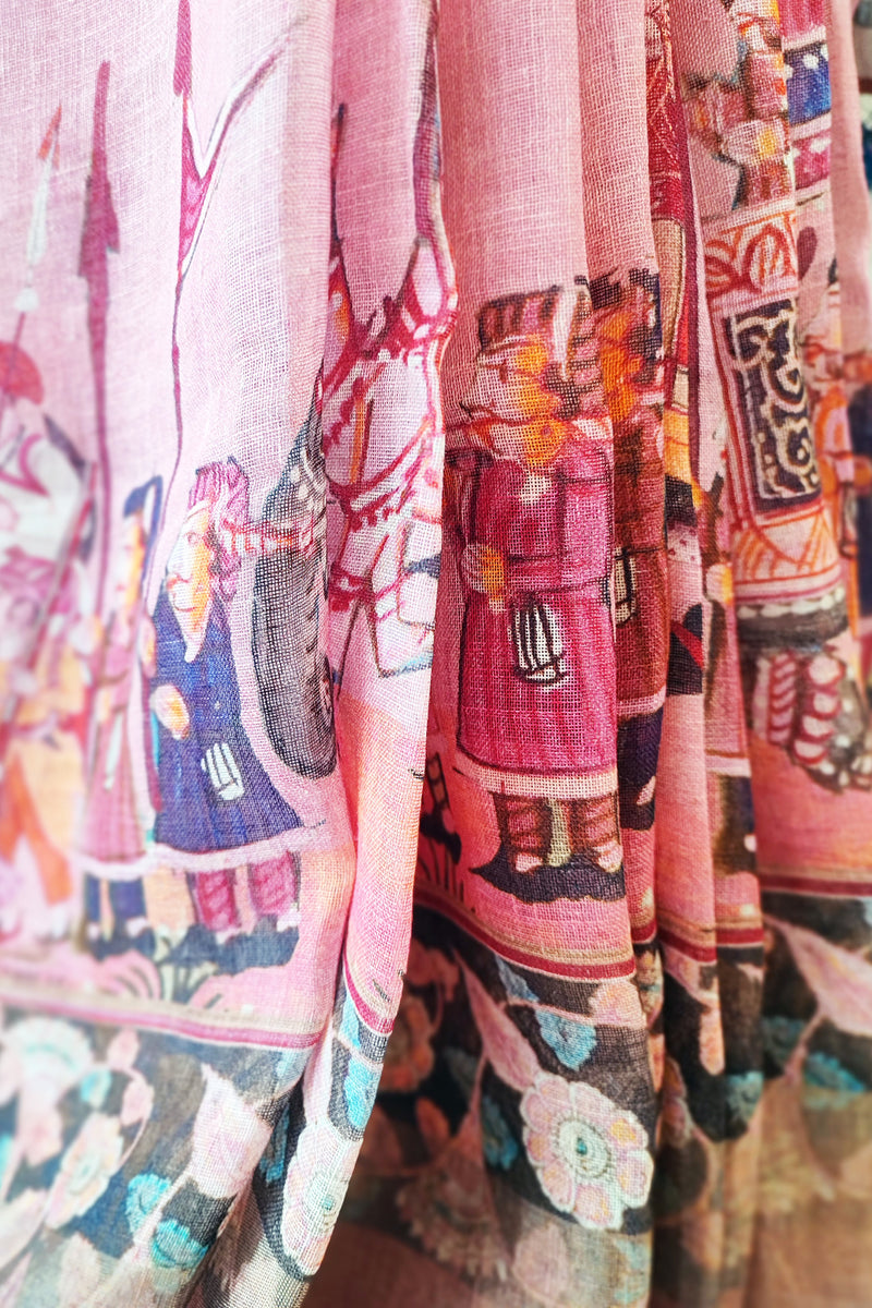 Flamingo Pink Pure Linen Mughal Printed Saree With Tassels