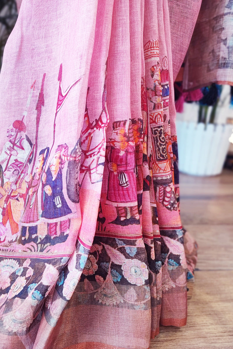 Flamingo Pink Pure Linen Mughal Printed Saree With Tassels