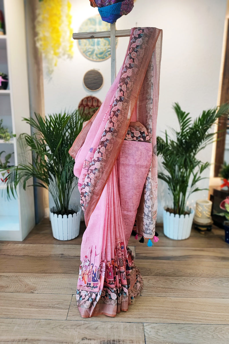 Flamingo Pink Pure Linen Mughal Printed Saree With Tassels