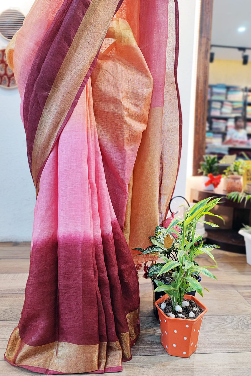 Maroon, Pink & Beige Premium Linen Shaded Saree