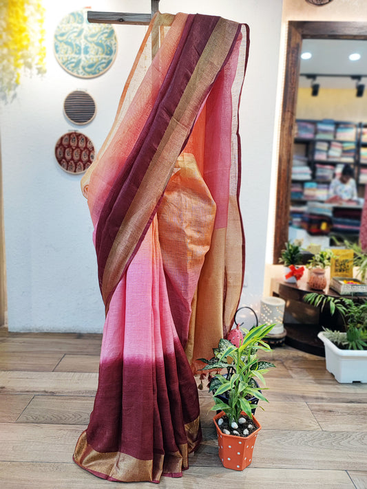 Maroon, Pink & Beige Premium Linen Shaded Saree