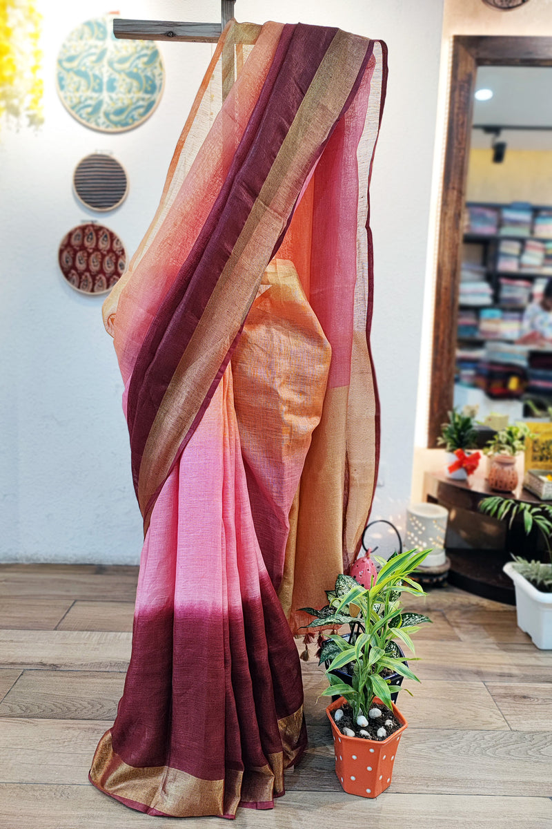 Maroon, Pink & Beige Premium Linen Shaded Saree