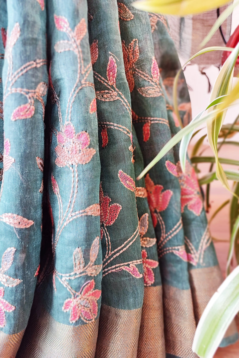 Premium Dark Teal Linen Silk Saree with Jaal Embroidery Work All Over