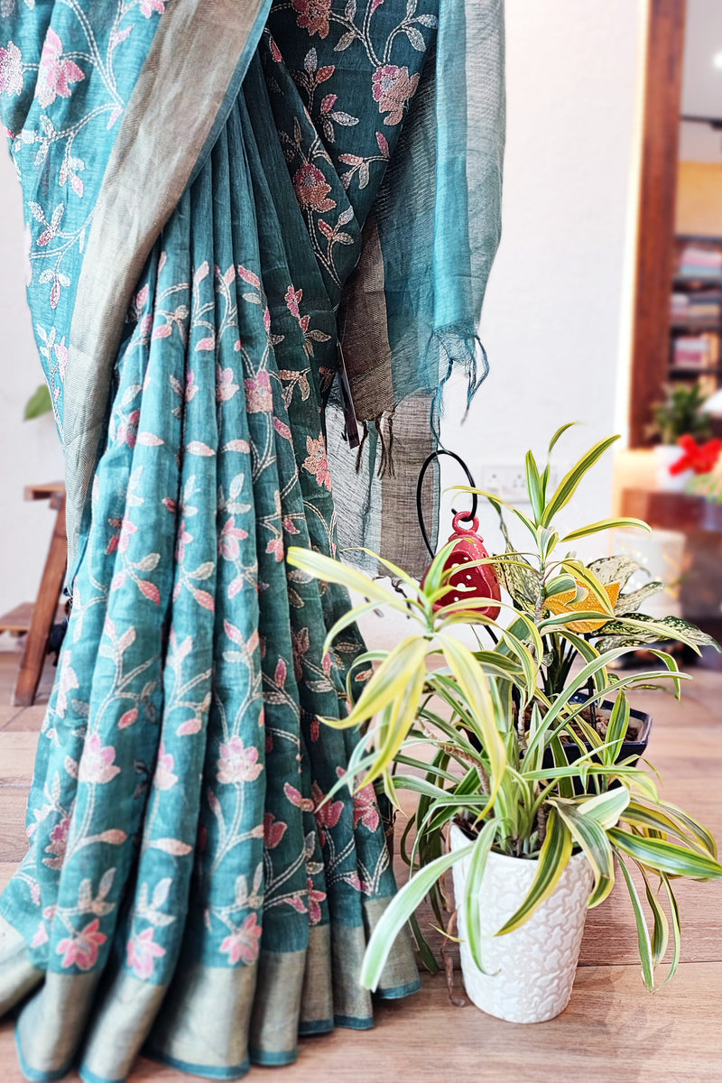 Premium Dark Teal Linen Silk Saree with Jaal Embroidery Work All Over