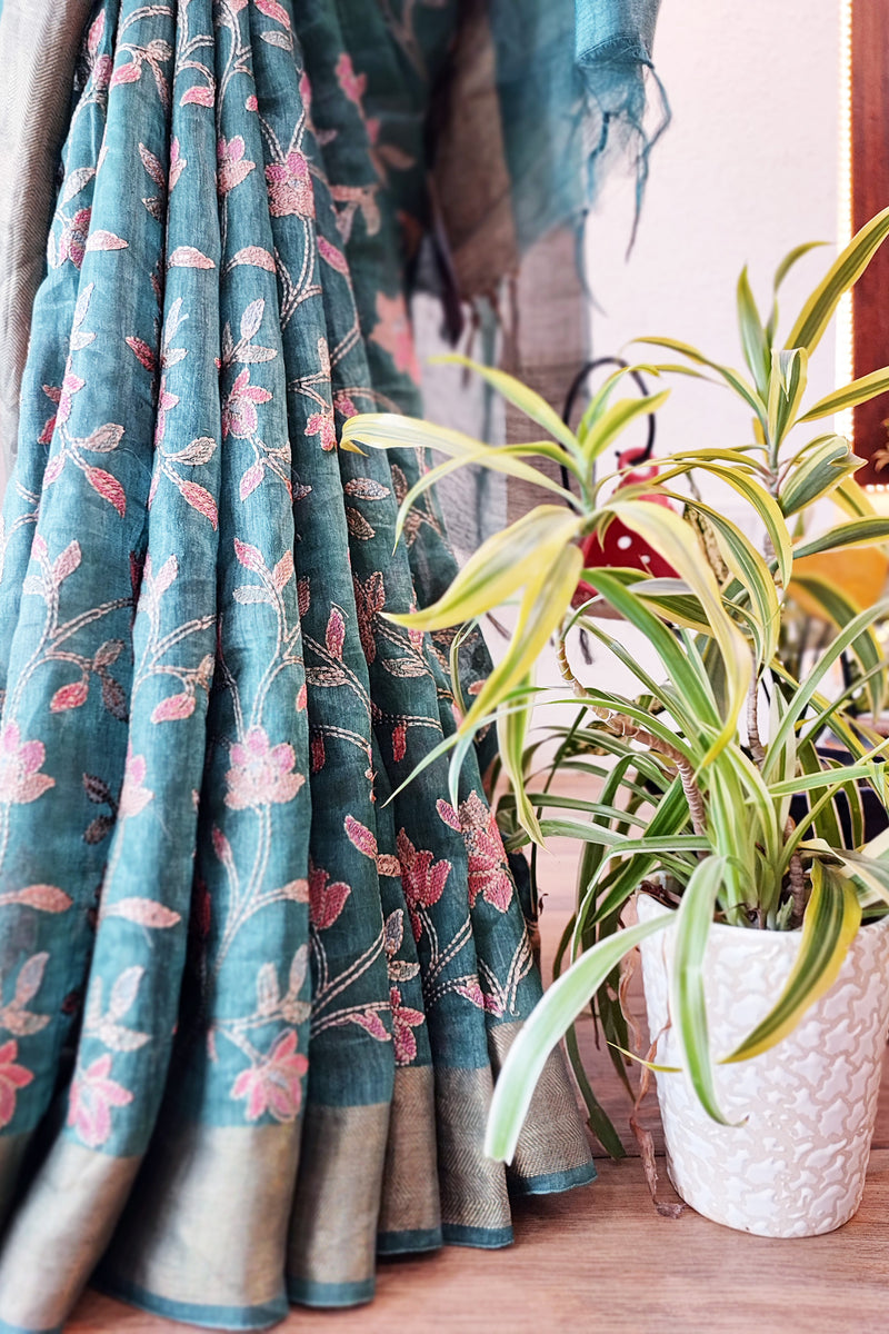Premium Dark Teal Linen Silk Saree with Jaal Embroidery Work All Over