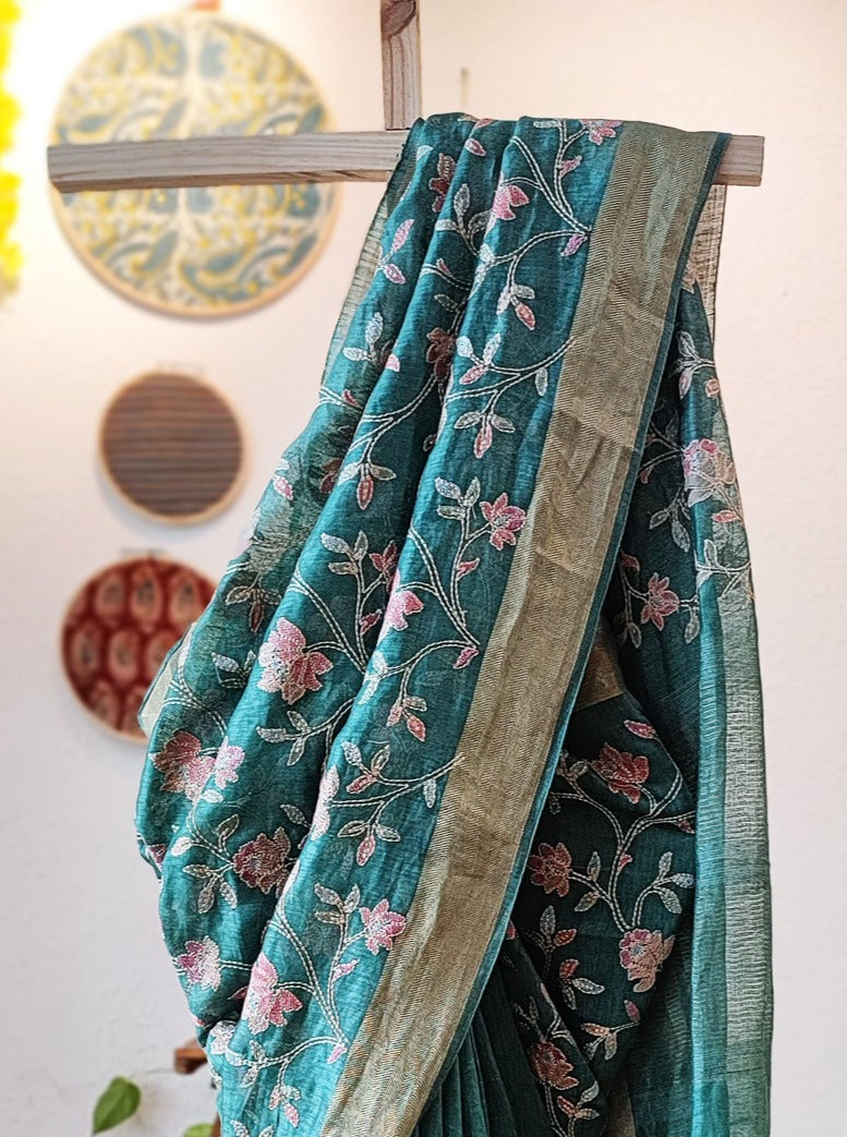Premium Dark Teal Linen Silk Saree with Jaal Embroidery Work All Over