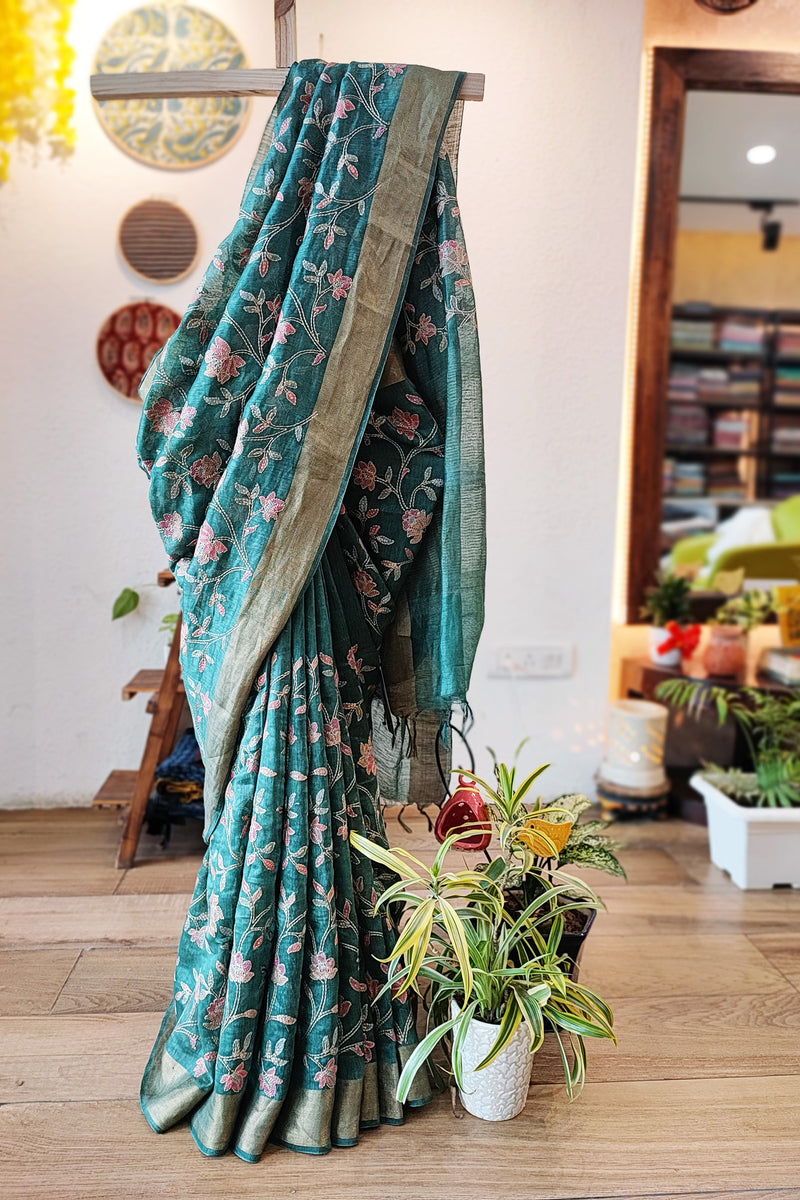 Premium Dark Teal Linen Silk Saree with Jaal Embroidery Work All Over