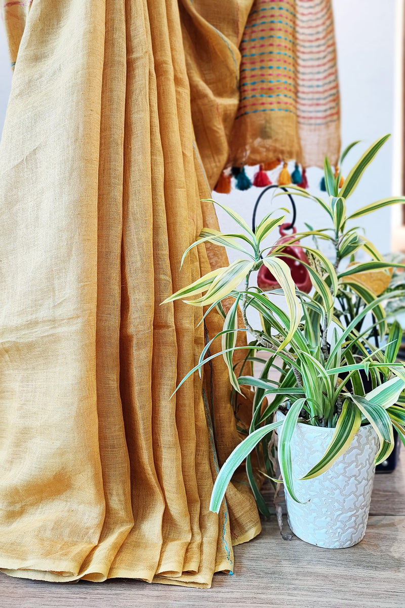 Close-up of Yellow Ochre Handloom Woven Linen Saree