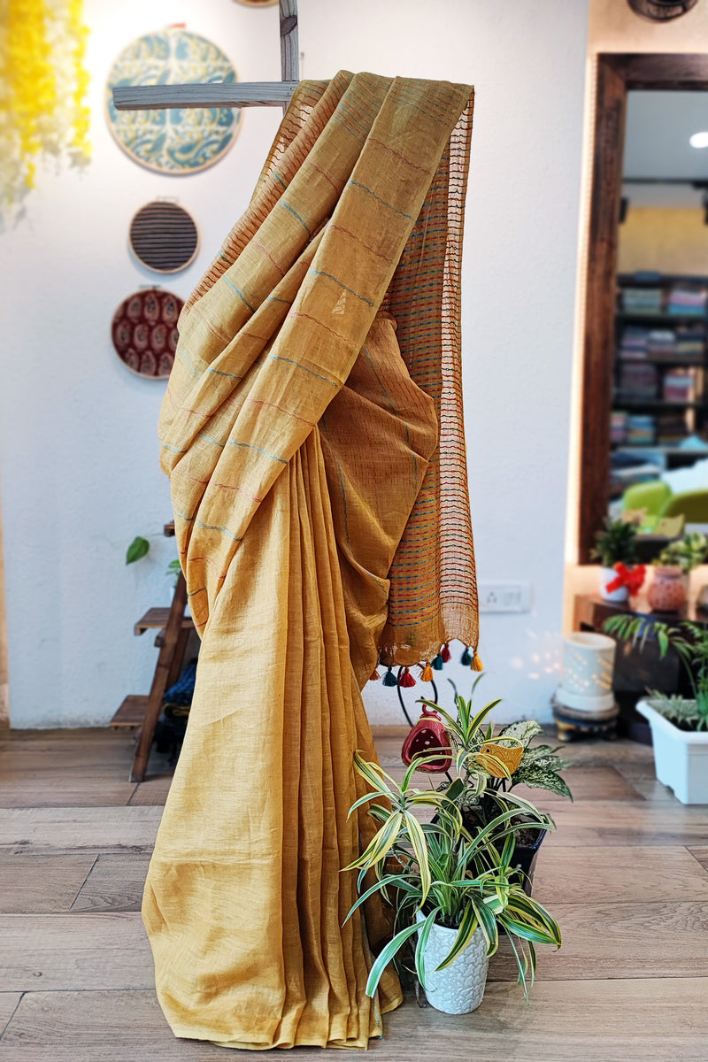 Yellow Ochre Handloom Woven Linen Saree - Front View