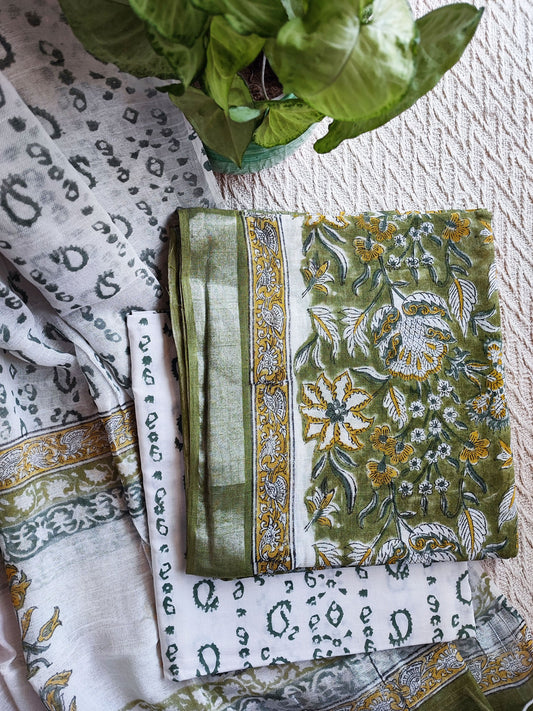 Olive Green & Yellow Handblock Print Cotton Linen Suit Set