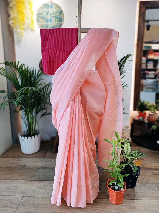 Peach Pink Cotton Voile Saree With Lucknowi Handwork With Contrast Blouse