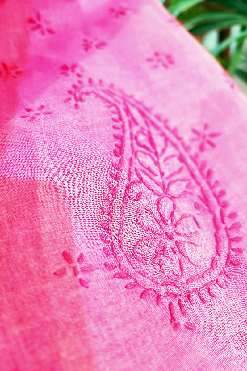 Magenta Pink Cotton Voile Saree With Lucknowi Handwork With Contrast Blouse