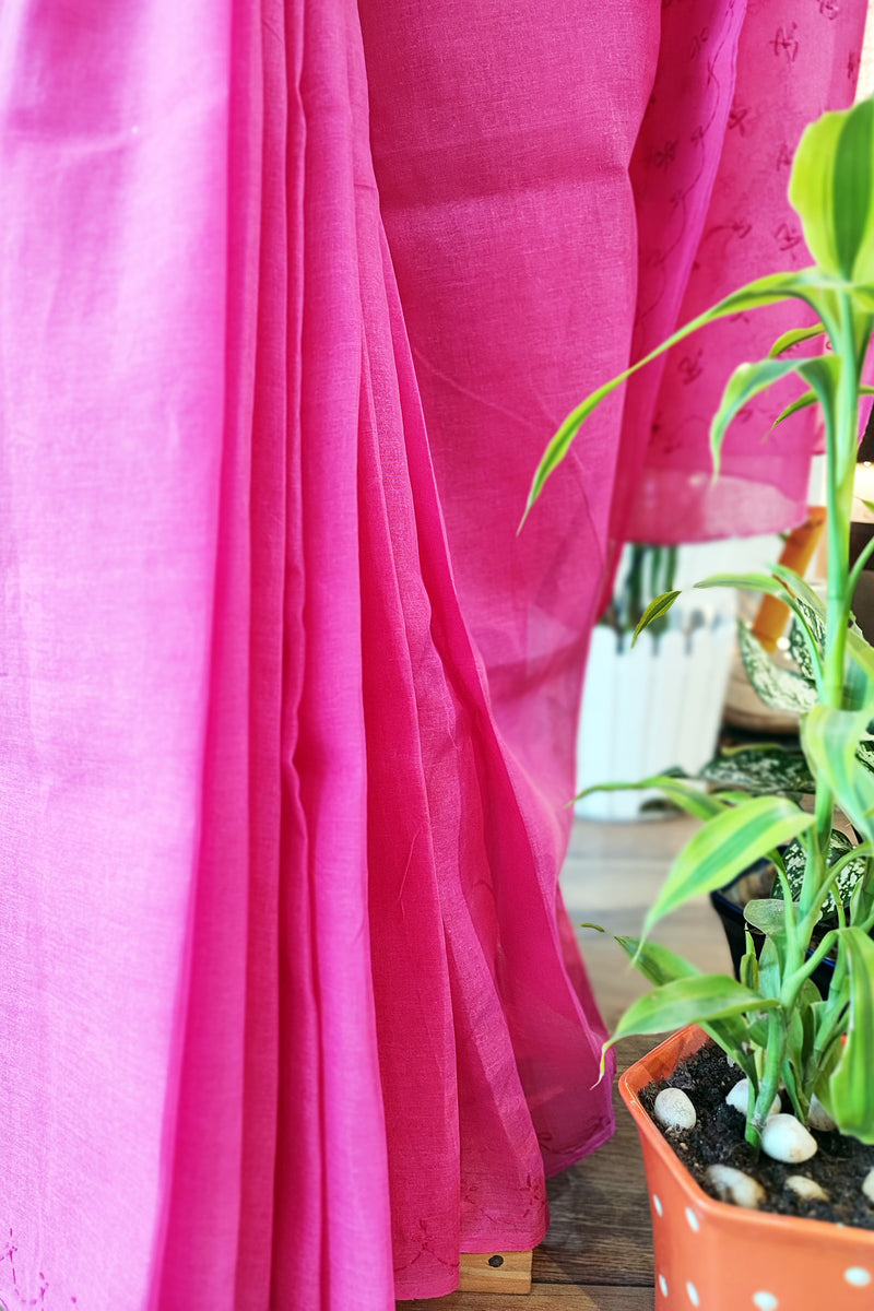 Magenta Pink Cotton Voile Saree With Lucknowi Handwork With Contrast Blouse