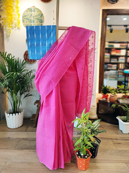 Magenta Pink Cotton Voile Saree With Lucknowi Handwork With Contrast Blouse