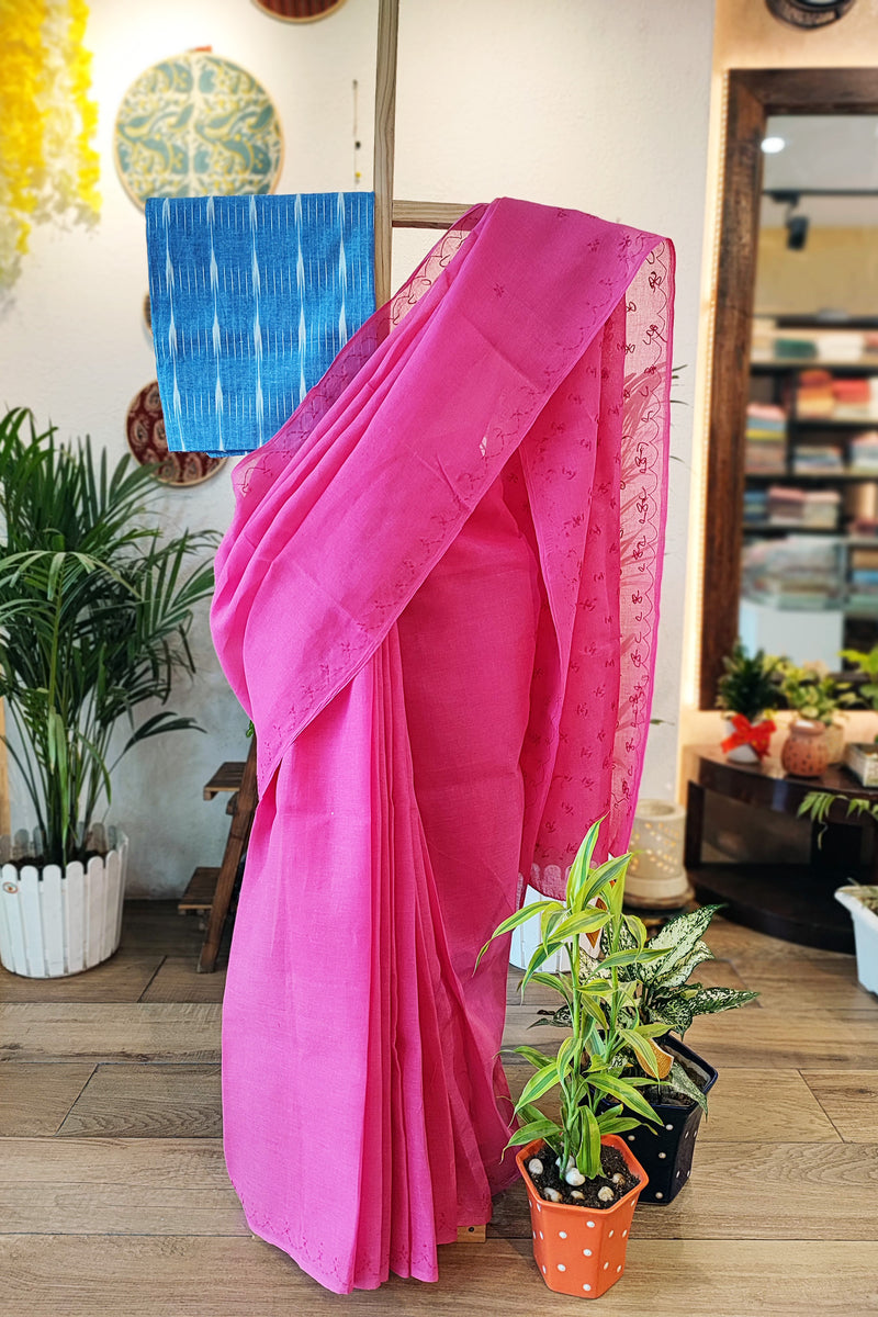 Magenta Pink Cotton Voile Saree With Lucknowi Handwork With Contrast Blouse