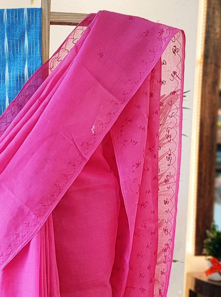 Magenta Pink Cotton Voile Saree With Lucknowi Handwork With Contrast Blouse