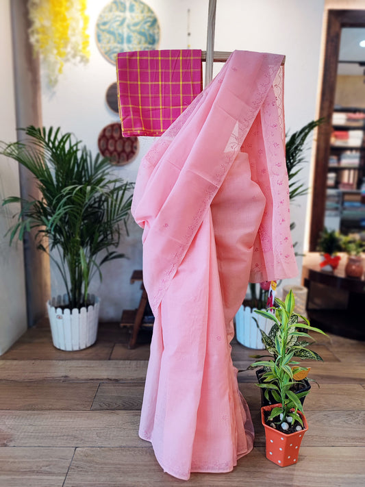 Baby Pink Cotton Voile Saree With Lucknowi Handwork With Contrast Blouse