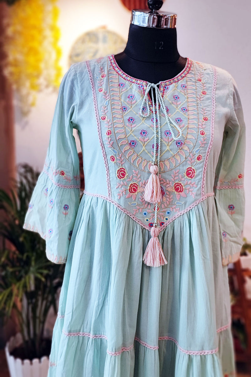 Pistachio Green Long Embroided Cotton Mulmul Dress