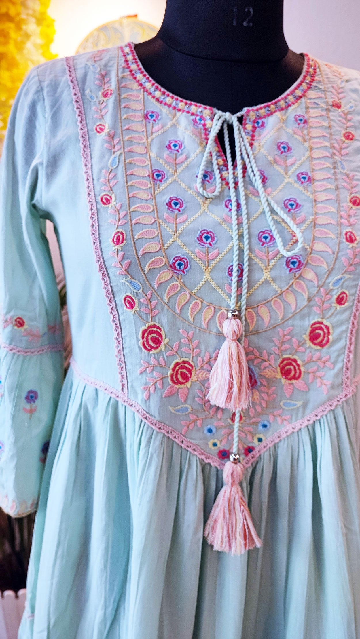 Pistachio Green Long Embroided Cotton Mulmul Dress